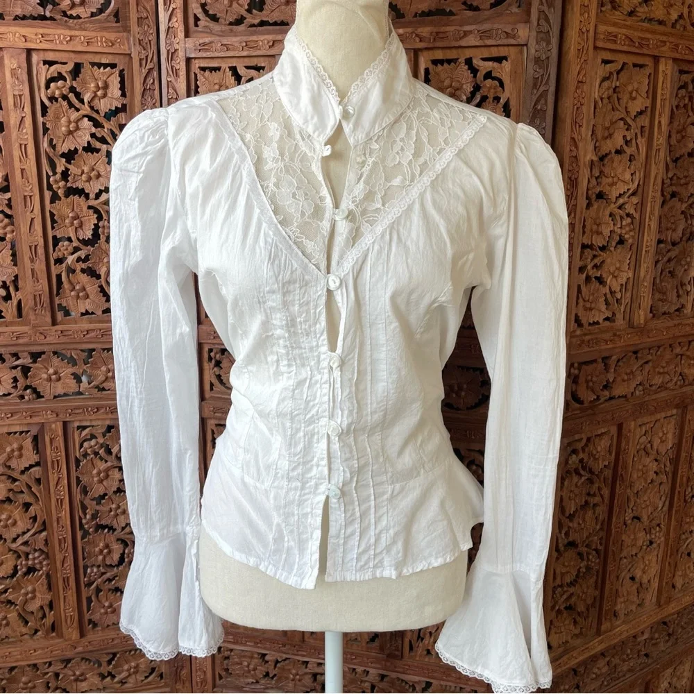 Victorian-Inspired Western White Cotton Lace High-Neck Button Down bell sleeve - Picture 5 of 13